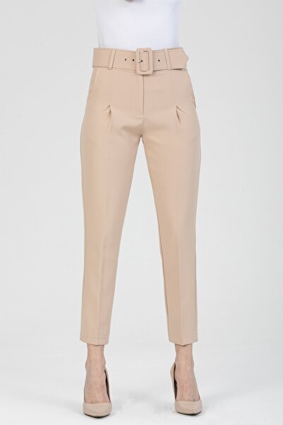 MD trend Women's Beige Pocket Carrot Cut Belted Fabric Trousers
