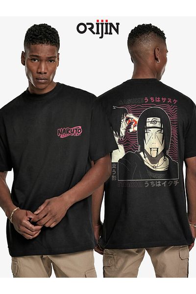 Orijin Tekstil Naruto Sasuke Itachi Anime Front Back Printed Unisex Black T-shirt
