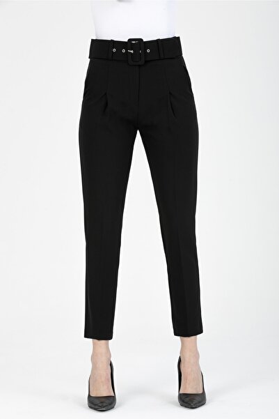 MD trend Women's Black Pocket Carrot Cut Belted Fabric Trousers