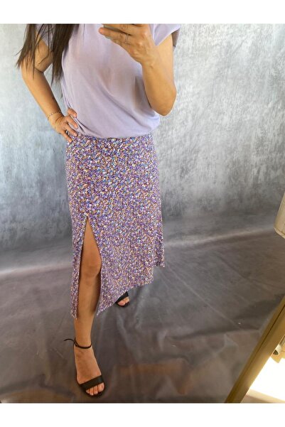Night Butik Lila Çiçek Desen Yırtmaçlı Etek