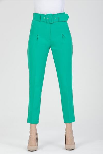 MD trend Women's Green Pocket Carrot Cut Belted Fabric Trousers