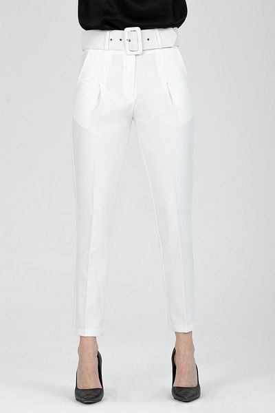 MD trend Women's Ecru Pocket Carrot Cut Belted Fabric Trousers