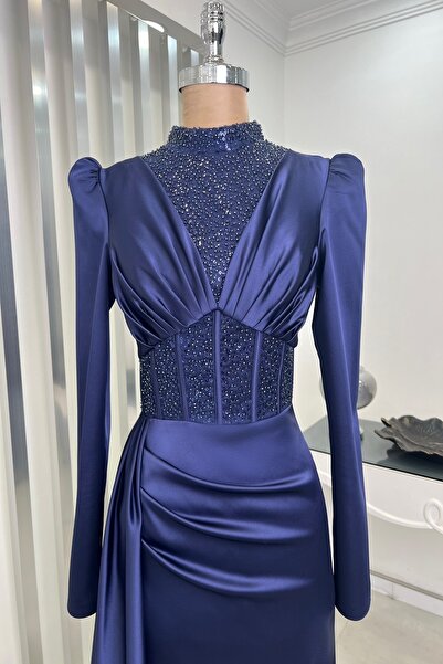 Rana Zenn Lacivert Kuyruklu Drapeli Boncuk Detaylı Güler Abiye