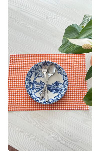 White Alamode Gingham Orange Placemat