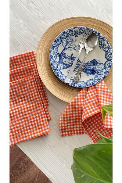 White Alamode Gingham Orange Napkin Holder Set