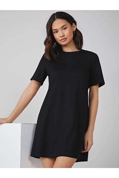 MOONBULL Czarna, bawełniana, gładka sukienka oversize z okrągłym dekoltem