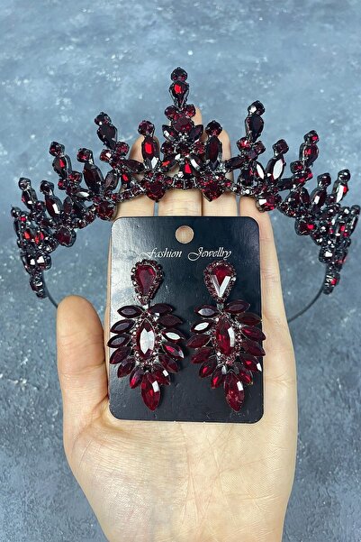 ESPEREST طقم تاج حناء للزفاف وأقراط مكوكية باللون العنابي