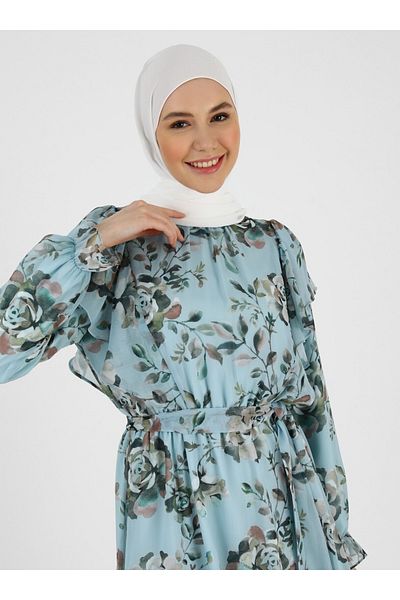 Refka Water Green Beige Floral Patterned Chiffon Dress - Flywheel Detail - Woman