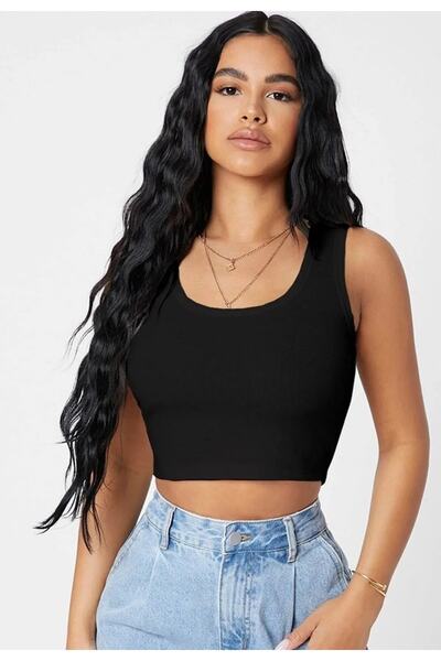 tuba yozgatlıoğlu Women's Black Square Neck Crop Top Blouse