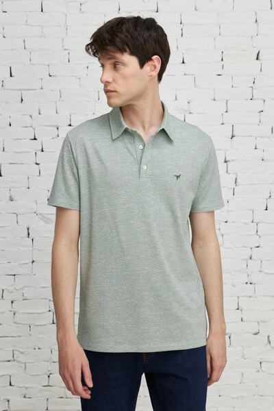 AC&Co / Altınyıldız Classics Men's Khaki White Easy-Ironable Slim Fit Narrow Cut Polo Neck Short Sleeve Jacquard T-Shirt