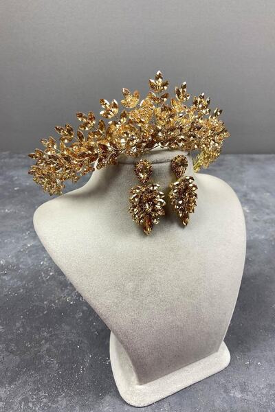 FdayAksesuar Set de coroană de mireasă și cercei subțiri cu strasuri Asha cu ...