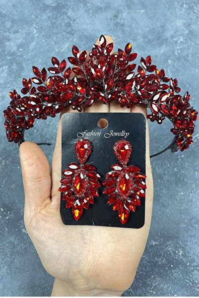 FdayAksesuar Set de coroană de mireasă și cercei subțiri Red Asha cu mărgele ...