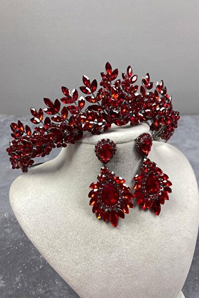 FdayAksesuar Set de coroană și cercei Red Asha cu mărgele Henna pentru mireas...