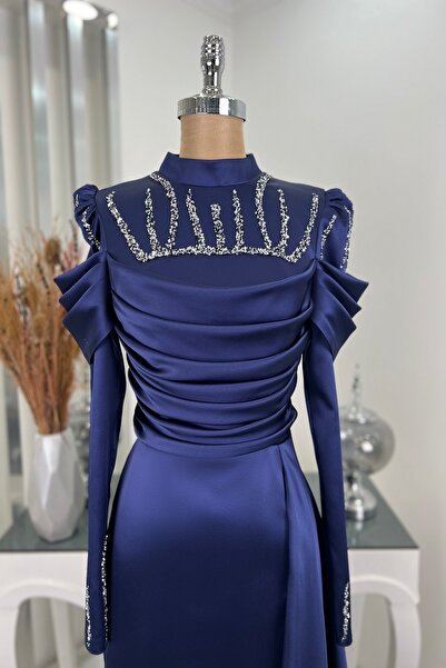 Rana Zenn Lacivert Kuyruklu Drapeli Taş Detaylı Rüya Abiye