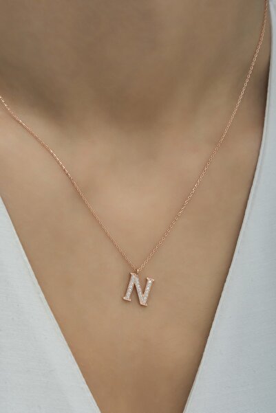 klas gümüş Gümüş Zirkon Taşlı N Harfi Kolye