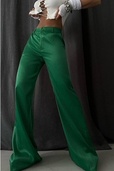 bayansepeti Women's Satin Tube Leg Green Trousers 23s01013