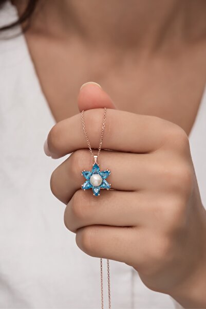 klas gümüş Incili Lotus Akuamarin Taşlı Rose Kolye-925 Ayar Gümüş