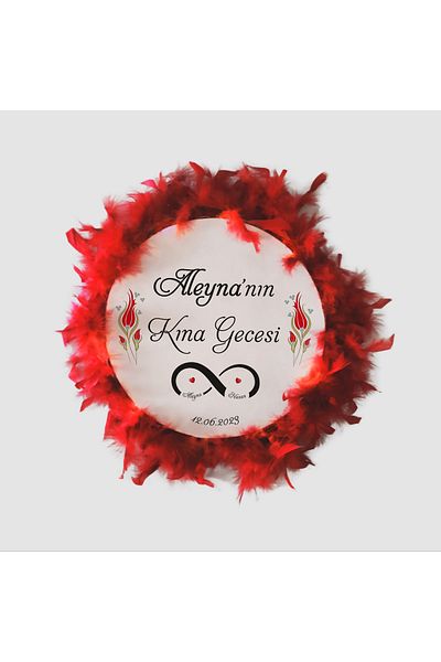 BAKSEPETE Name Printed, Leather Tambourine, Henna Tambourine (32 CM LARGE SIZE-RED FEATHER)