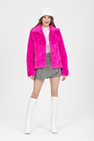 Genel Markalar Suni Kürk Yumuşak Peluş Fuşya Ceket