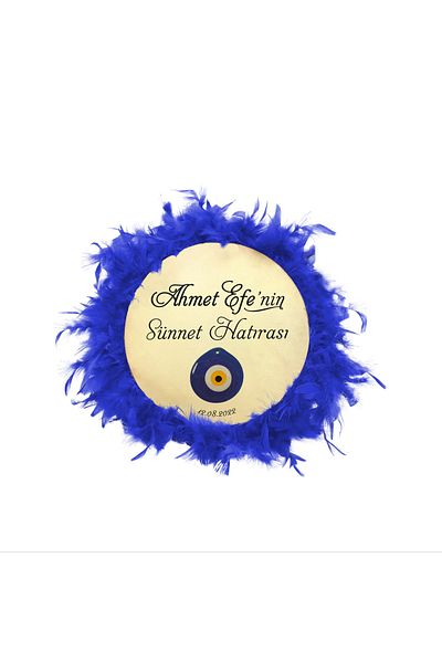 BAKSEPETE Circumcision Henna Souvenir Tambourine - Name Printed, Evil Eye Beaded, Leather Tambourine (27 CM MEDIUM SIZE - BLUE FEATHER)