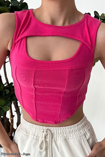 TheNeva Γυναικεία μπλούζα με μπροστινή λεπτομέρεια Fuchsia Qustyle Crop
