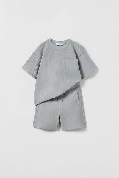 Pink Hippo Kids Unisex Seersucker Waffle Textured Children's Top and Bottom Set with Shorts
