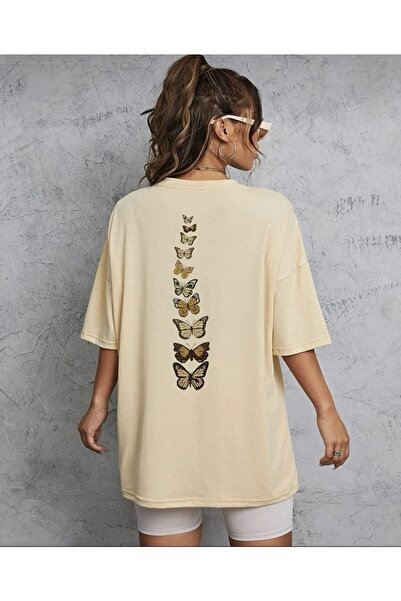 SANTAMİLA Women's Beige Back Detail Butterfly Printed Oversize T-shirt