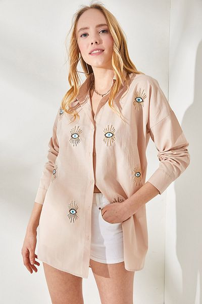 Olalook Beigefarbenes Boyfriend-Hemd mit Paillettenbesatz für Damen, Eye GML-19000992