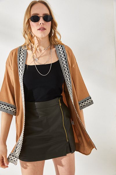 Olalook Dámské velbloudí kimono s texturou Kaftanu KMN-00000055