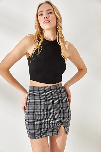 Olalook Women's Plaid Black Top Rambo Athlete Mini Skirt with Bottom Slit TKM-19000190