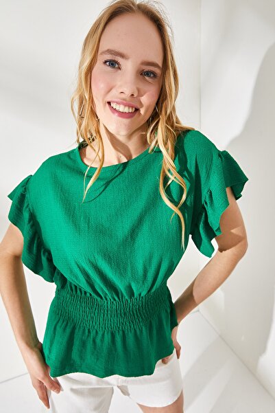 Olalook Γυναικεία πράσινη μπλούζα γρασίδι ελαστική μπλούζα μέσης με μανίκια κροστά BLZ-19002201