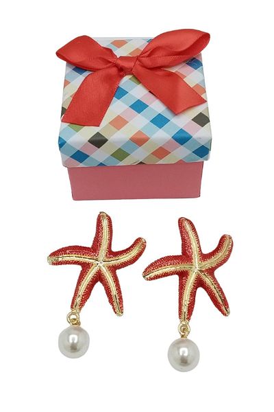Dünyadan Hediyeler Glass Enameled Pearl Stones Starfish Earrings