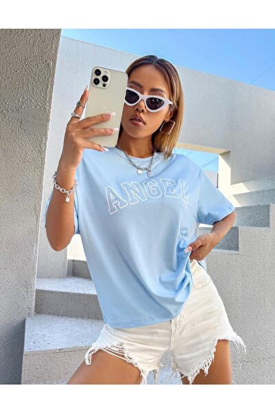 AFROGİYİM Women's Angel Printed Baby Blue Oversize T-shirt