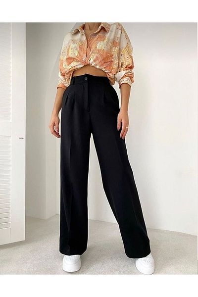 BROWSER Women's Black High Waist Pleated Fabric Palazzo Pants