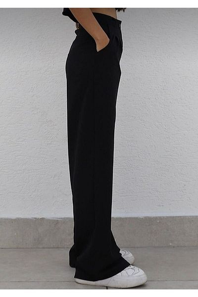 BROWSER Women's Black High Waist Pleated Fabric Palazzo Pants