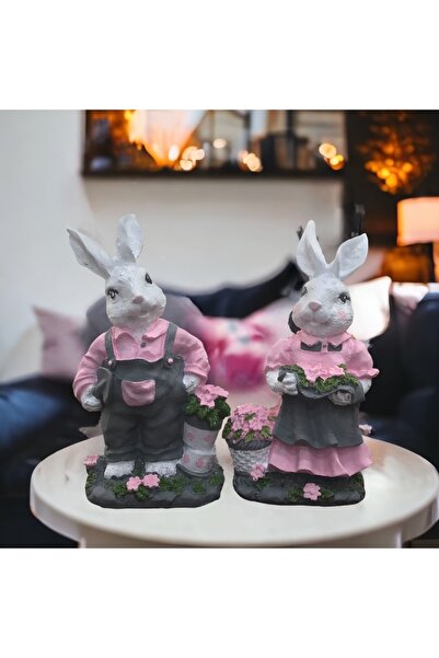 Sister Home Design Bahçede Tavşanlar Pembe Gri Biblo Dekorasyon