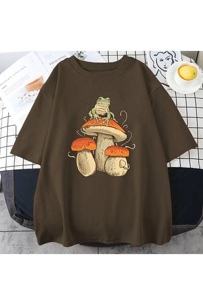 Keywest Μπλουζάκι μεγάλου μεγέθους Frog Mushroom Printed Crew Neck Oversize