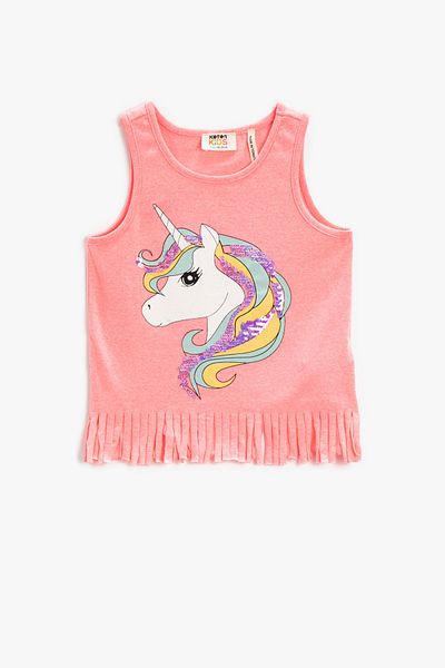 Koton Ärmelloses Oberteil mit Einhorn-Print und Rundhalsausschnitt mit Quasten