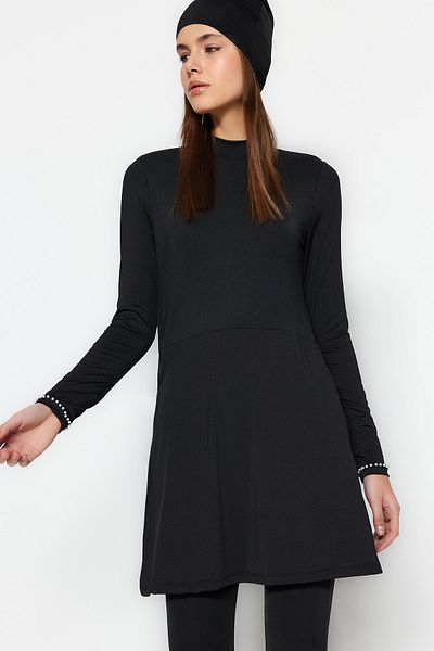 Trendyol Modest Σετ μαγιό 4 τεμαχίων από πλεκτό λύκρα με κέντημα σε μαύρη πέτρα TCTSS23CF00040