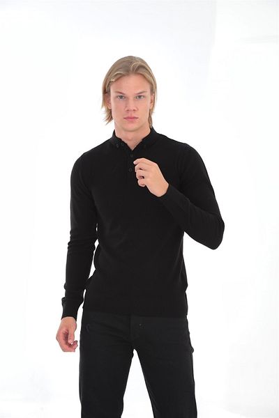 ELM WEAR Polo Neck Button Detailed Sweater - Gray Black