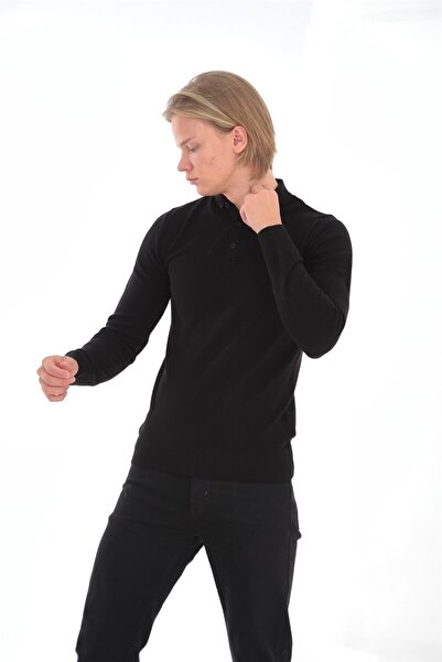 ELM WEAR Polo Neck Button Detailed Sweater - Gray Black