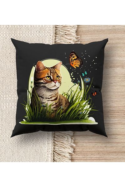Bk Gift وسادة رمي سوداء من القماش الفاخر بتصميم قطة
