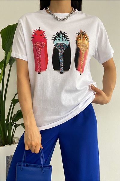 FEMELLE Tricou din bumbac cu paiete, alb, cu toc, sezon nou