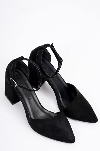 DİVOLYA Flora Black Suede Ankle Strap Heeled Shoes