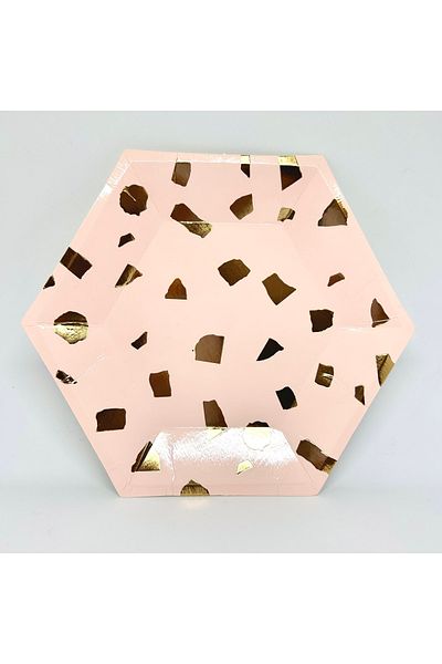 Mare Karnaval Hexagon Gold Checkered Pink Cardboard Party Plate 8 Pieces-18cm
