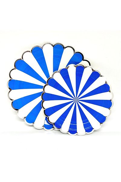 Mare Karnaval Striped Silver Gilded Blue-white Cardboard Party Plate 8 Pieces-18cm