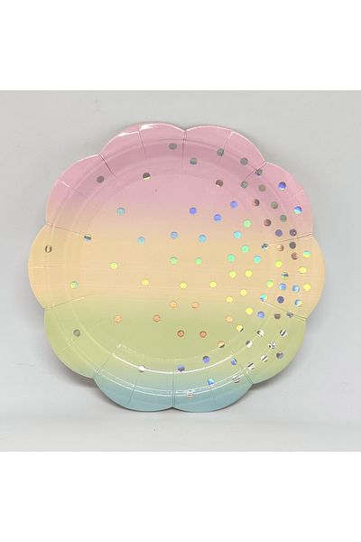 Mare Karnaval Rainbow Silver Polka Dot Cardboard Party Plate 8 Pieces-18cm