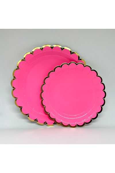 Mare Karnaval Macaron Fuchsia Gold Gilt Cardboard Party Plate 8 Pieces-18cm