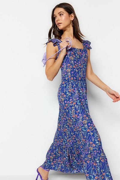 Trendyol Collection Rochie țesută midi din viscoză albastră cu guler pătrat cu imprimeu floral TWOSS20EL3331