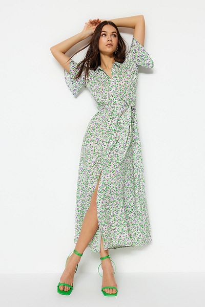 Trendyol Collection Rochie cămașă maxi din viscoză cu imprimeu floral cu centură mov TWOSS19EL0094